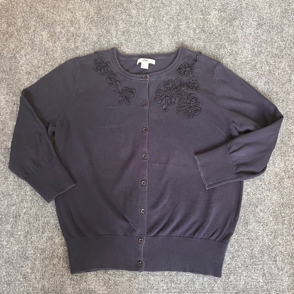 Anne Klein Sport Navy Blue Floral Applique 3/4 Sleeve Cardigan Sweater Large